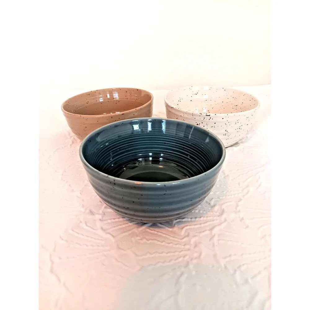 Sango China Artist’s Blend Stoneware Bowls Set of 3 Speckled Blue Tan Cream